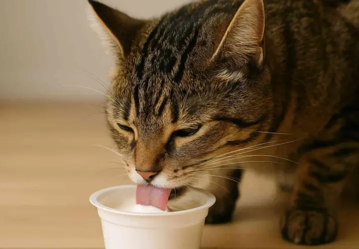 Un gato atigrado saborea yogur de un recipiente blanco. ¡Sí, los gatos pueden comer yogur!