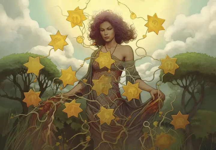 Kobieta otoczona siedmioma złotymi gwiazdami, symbolizującymi 7 denarów tarot. Wiosenna aura i bujna roślinność.