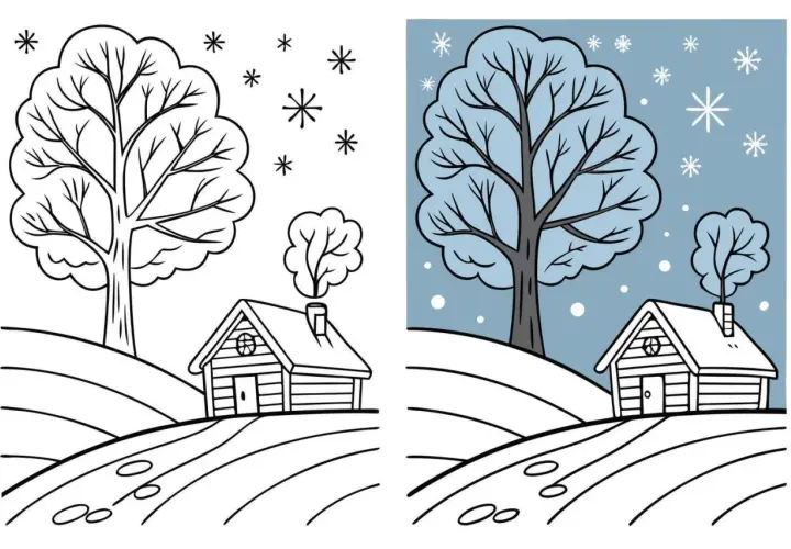 Dos escenas de dibujos de invierno: una casa y un árbol en blanco y negro, y otra con fondo azul y nieve cayendo.