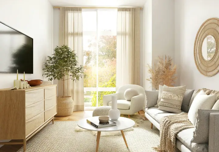 Salon cosy et chic avec canapé, fauteuil, table basse, commode en bois, plante verte et miroir rond en rotin. Parfait pour une deco salon cocooning chic.