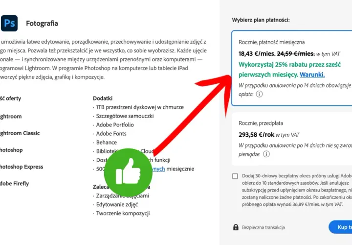 Adobe Creative Cloud to pakiet programów do edycji zdjęć i grafiki, w tym Lightroom i Photoshop. Oferta zawiera 1TB chmury.