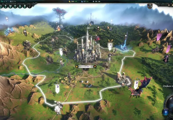 Mapa strategiczna z gry Age of Wonders: majestatyczny zamek, góry, lasy i jednostki.