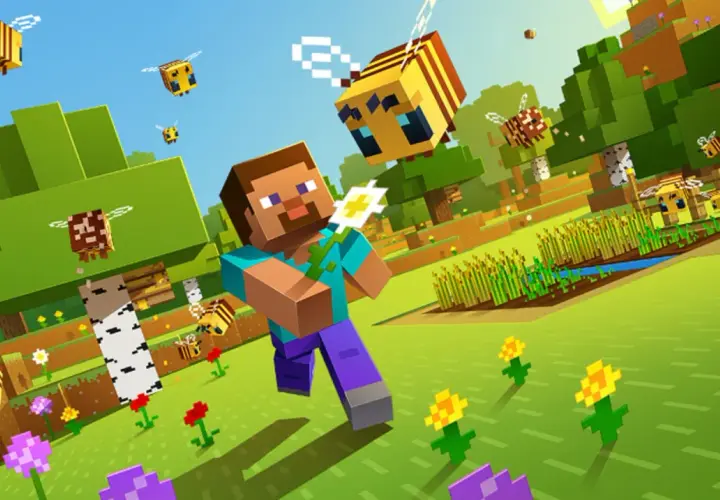 Steve z Minecrafta w otoczeniu pszczół, szukający fajnych komend do Minecrafta.
