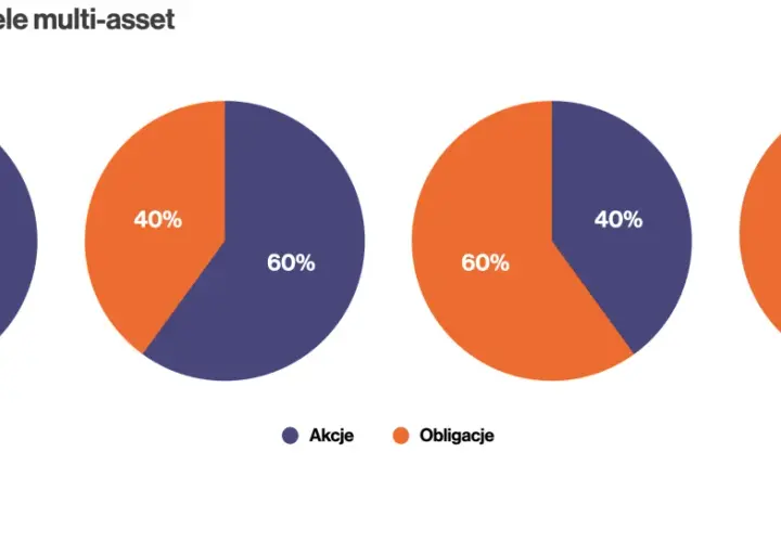 Przykładowe portfele multi-asset pokazują różne proporcje akcji i obligacji: 80/20, 60/40, 40/60, 20/80.