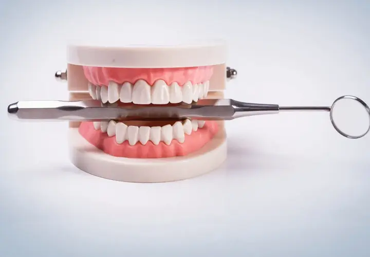 Model szczęki z narzędziem dentystycznym. Zastanawiasz się nad karierą? Sprawdź, jakie są technik dentystyczny zarobki.