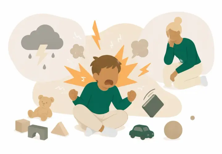 Barn med affektanfall, troligen relaterat till ADHD, skriker och kastar en bok. En orolig vuxen sitter bredvid.