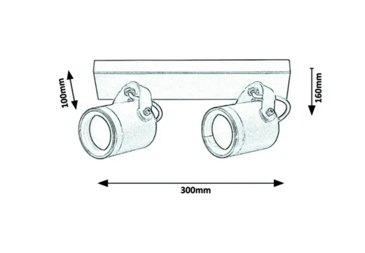 Rysunek techniczny kinkietu zewnętrznego z podanymi wymiarami: 300mm szerokości, 100mm wysokości i 160mm głębokości.