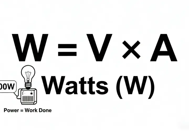 Wzór W=V×A wyjaśnia, jak obliczyć ampery z watów. Obok żarówki 100W i symbolu mocy.