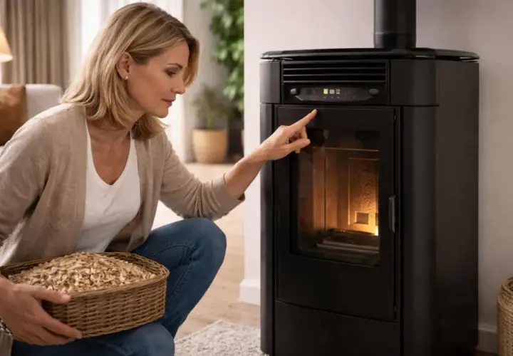 Femme vérifiant l'alarme température fumée sur son poêle à granulés. Elle tient un panier de pellets.