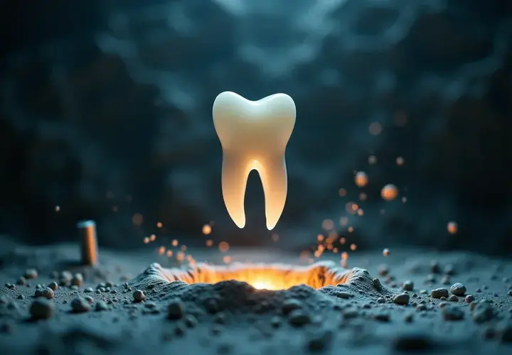 Jasny ząb unosi się nad rozżarzonym kraterem, symbolizując nadzieję na nowe rozwiązanie co zamiast implantu.