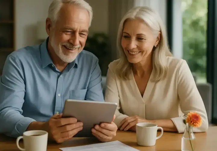 Couple âgé souriant regardant une tablette, discutant jusqu'à quel âge peut-on emprunter au Crédit Agricole.
