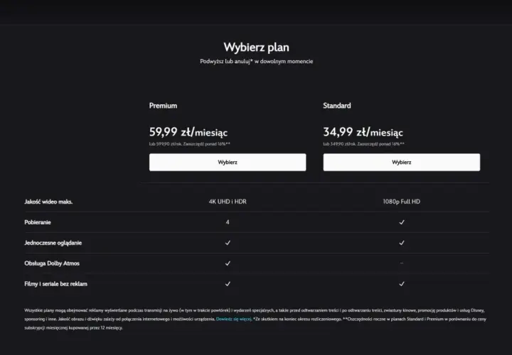 Porównanie planów Disney+ z promocją: Premium 59,99 zł/mies., Standard 34,99 zł/mies. Wybierz swój plan!