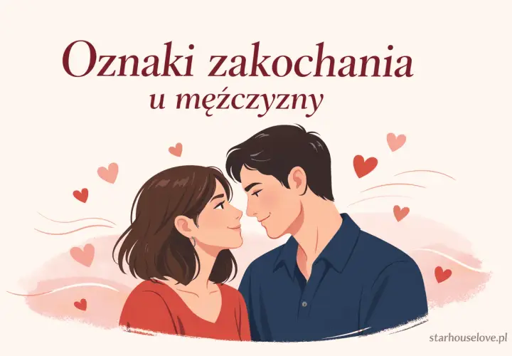Uśmiechnięty mężczyzna patrzy na kobietę, która mu się podoba. Wokół unoszą się serduszka, symbolizując uczucia.