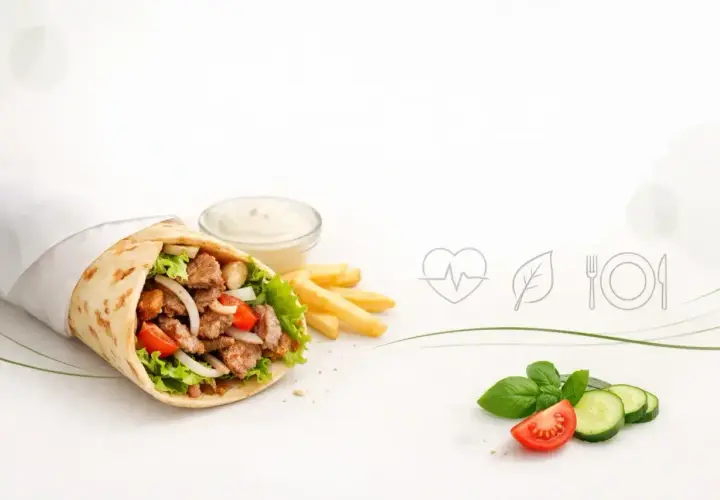 Czy kebab jest zdrowy? Na zdjęciu soczysty kebab z warzywami, frytki i sos. Obok symbole zdrowia i świeżych składników.