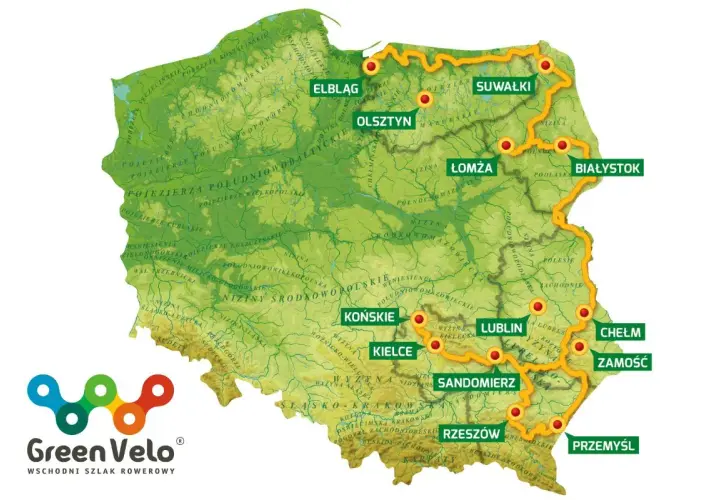 Mapa Polski z zaznaczonymi najpiękniejszymi odcinkami szlaku rowerowego Green Velo.