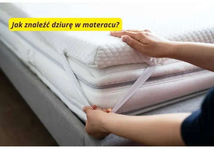 Ręka sprawdza materac, szukając odpowiedzi na pytanie: jak znaleźć dziurę w materacu dmuchanym.