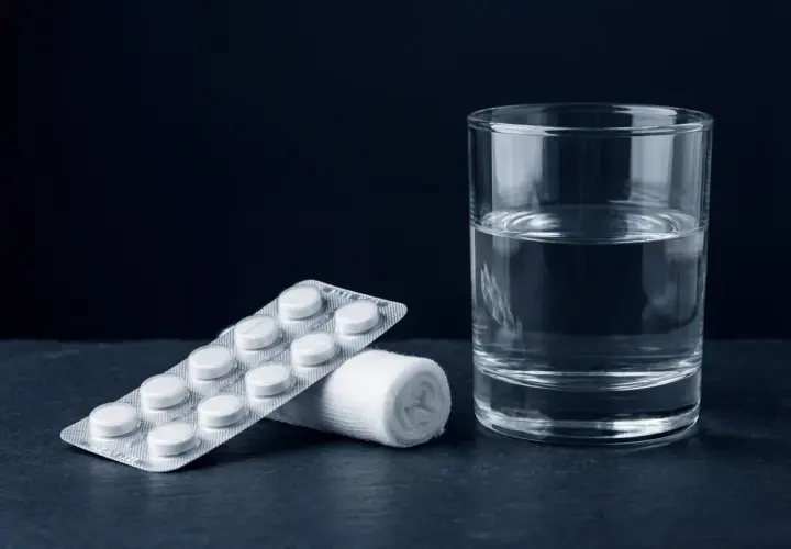 Confezione di farmaci per mal di denti, rotolo di garza e bicchiere d'acqua su sfondo scuro.