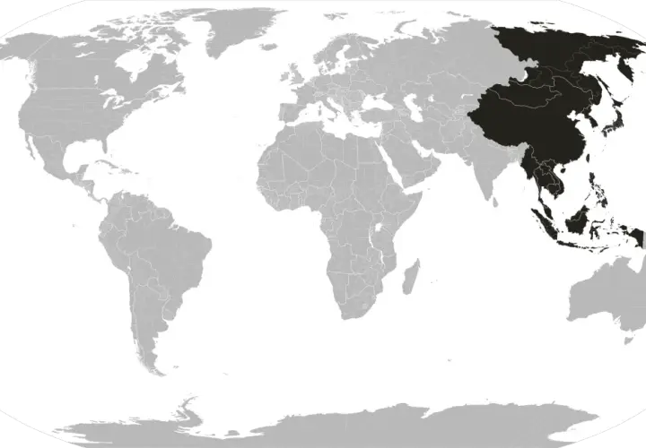 Mapa świata z zaznaczonymi krajami dalekiego wschodu, obejmującymi Chiny, Koreę, Japonię i część Azji Południowo-Wschodniej.
