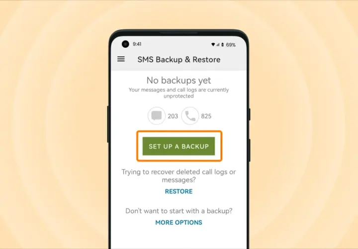 Aplikacja SMS Backup & Restore pokazuje brak kopii zapasowych. Kliknij "SET UP A BACKUP", aby zabezpieczyć swoje dane.