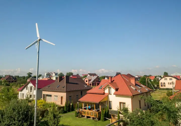 Biała turbina wiatrowa na tle nieba i domów jednorodzinnych.