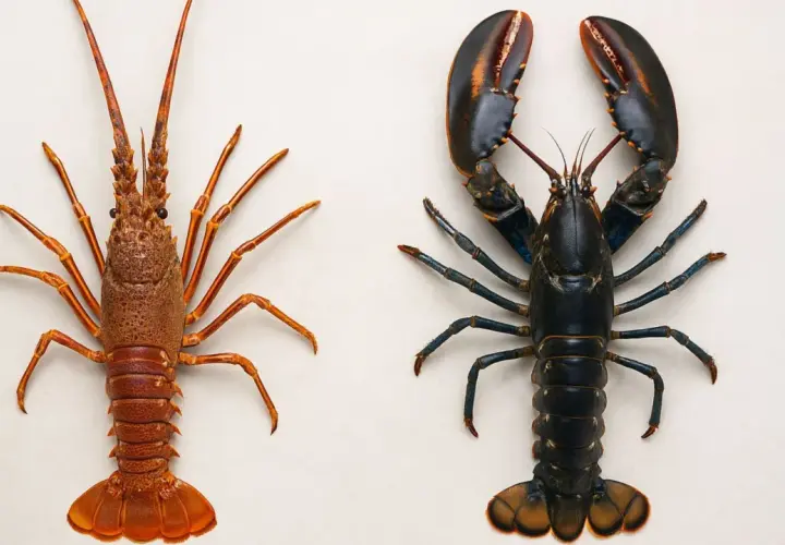Dos crustáceos marinos, uno rojizo y largo, y otro oscuro con grandes pinzas. Así es un bogavante.