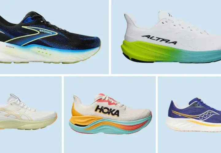 Fünf Laufschuhe in verschiedenen Farben und Marken. Ideal für Läufer mit Achillodynie, die Komfort und Dämpfung suchen.