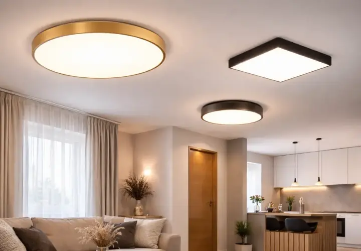 Nowoczesne plafony oświetlają salon i kuchnię. Okrągły złoty plafon, kwadratowy czarny i mniejszy okrągły tworzą przytulną atmosferę.
