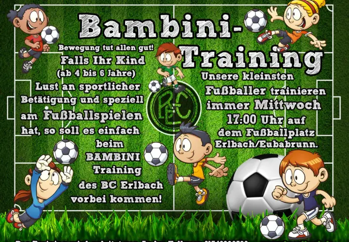 Bambini-Training: Kleine Fußballer (4-6 J.) trainieren mittwochs 17 Uhr auf dem Fußballplatz Erlbach/Eubabrunn. Spaß am Ball!