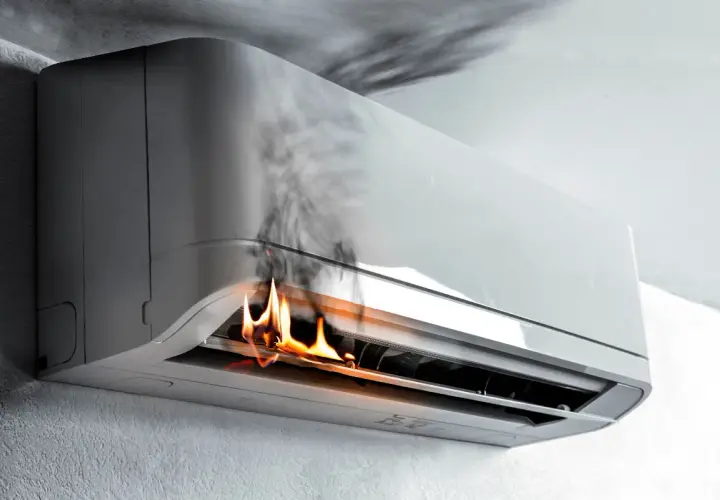 Climatiseur en feu, illustrant les effets néfastes de la climatisation. Fumée et flammes s'échappent de l'appareil.
