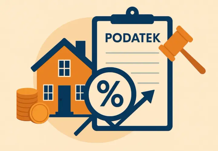 Dom, stos monet i dokument z napisem "PODATEK" oraz symbolem procentu i strzałką w górę. Podatek od sprzedaży nieruchomości.
