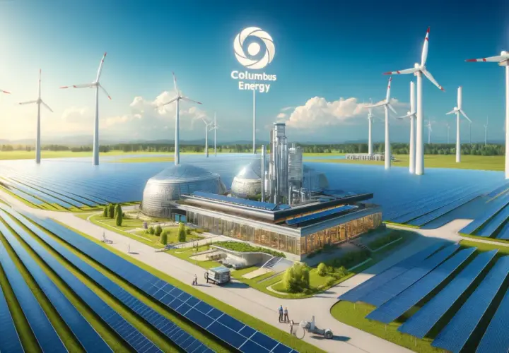 Nowoczesna farma wiatrowa i słoneczna Columbus Energy. Drony i pracownicy nadzorują instalacje.