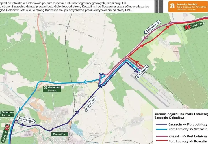 Mapa z zaznaczonymi trasami dojazdu do lotniska w Goleniowie z Koszalina i Szczecina.