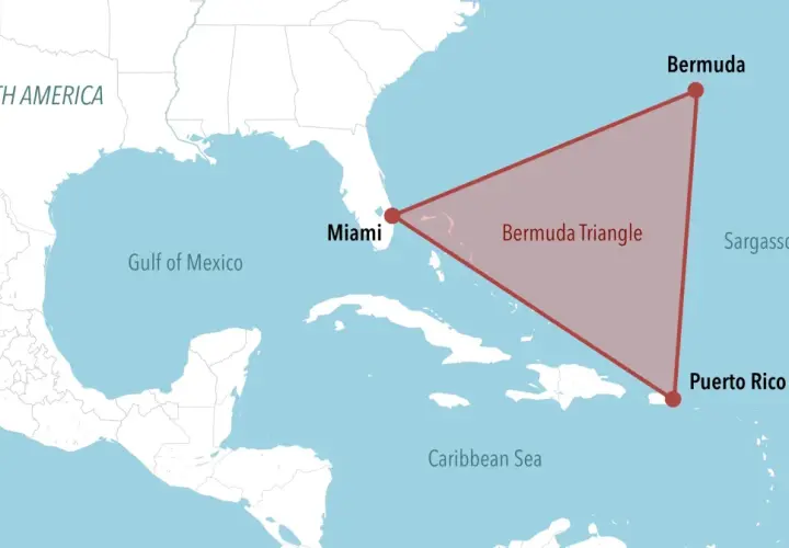Mapa pokazuje, gdzie znajduje się Trójkąt Bermudzki: między Miami, Bermudami i Portoryko.