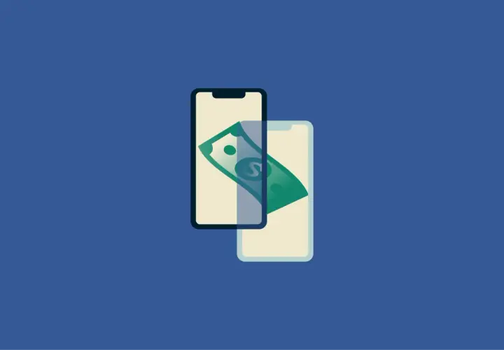 Dwa telefony komórkowe z zielonym banknotem. Czy PayPal jest bezpieczny? Płatności mobilne.