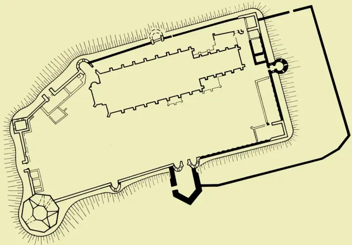 Plan zamku Frombork z widocznymi murami obronnymi, dziedzińcami i budynkami.
