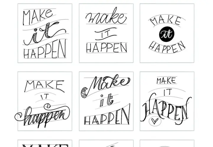 Seis ejemplos de **dibujos de lettering** con la frase "Make it happen" en diferentes estilos caligráficos.