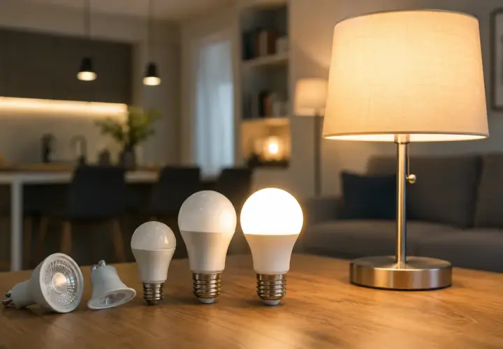Różne żarówki LED na drewnianym stole. Zastanawiasz się, ile lumenów ma żarówka 75W?