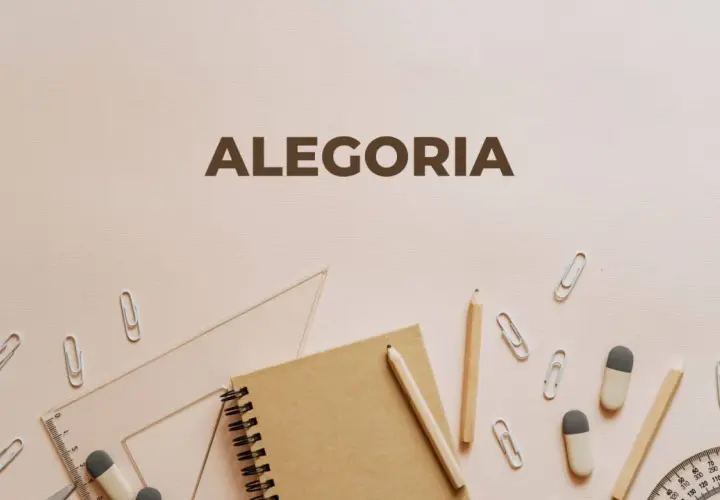 Szkolne przybory, jak ołówek i linijka, tworzą symboliczne tło dla napisu "ALEGORIA", sugerując, że wiedza i nauka to klucz do zrozumienia ukrytych znaczeń.