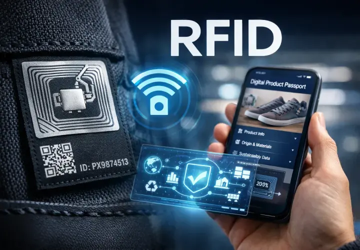 Karta RFID na metce ubrania, smartfon z cyfrowym paszportem produktu. Dowiedz się, karta RFID co to jest i jak działa.