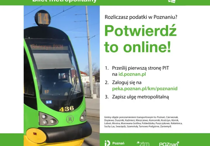 Zielony tramwaj linii 14 z napisem "Górczyn PKM" i numerem 436. Obok instrukcja, jak potwierdzić ulgę metropolitalną online.
