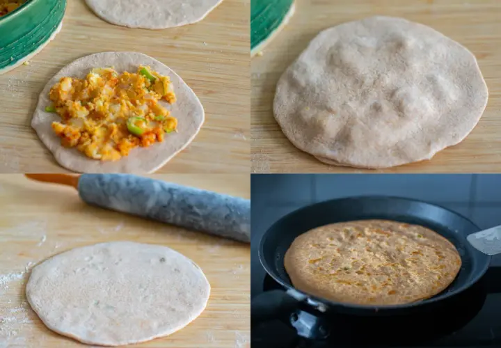 Fyra steg i tillagningen av aloo paratha: fyllning, hopvikning, kavling och stekning i panna.
