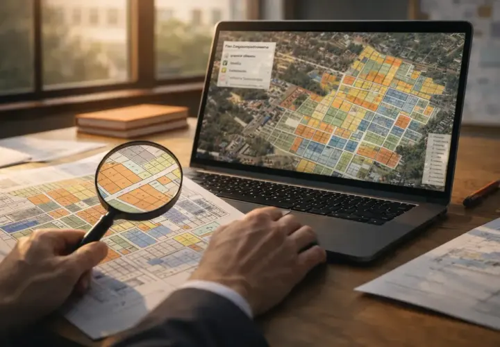 Analiza mapy i planu zagospodarowania na laptopie. Sprawdzanie gdzie sprawdzić warunki zabudowy.