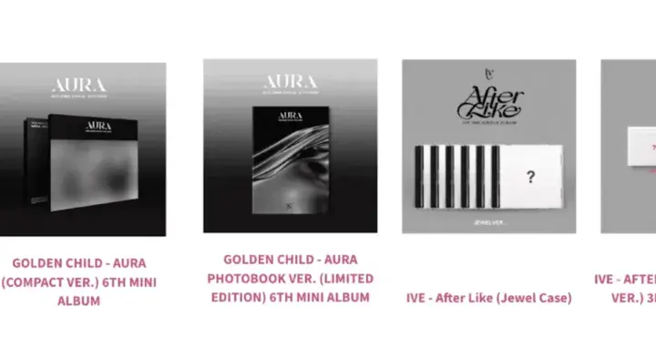 Collection de plusieurs albums de K-pop : KINO, Golden Child, IVE et The Boyz. Chaque music album présente un design unique.