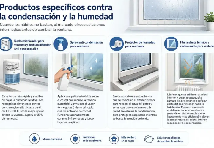 Soluciones para combatir el aire saturado: deshumidificador, spray anti condensación, protector de humedad y film aislante para ventanas.