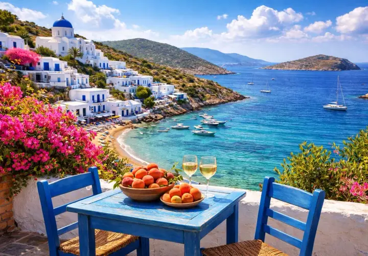 Un perfecto día de viaje a las islas griegas: mesa azul con fruta y vino, frente a un mar turquesa y casas blancas en la ladera.