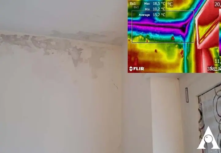 Pannelli per cappotto interno: la termografia rivela ponti termici e umidità su un muro, evidenziando la necessità di un isolamento efficace.