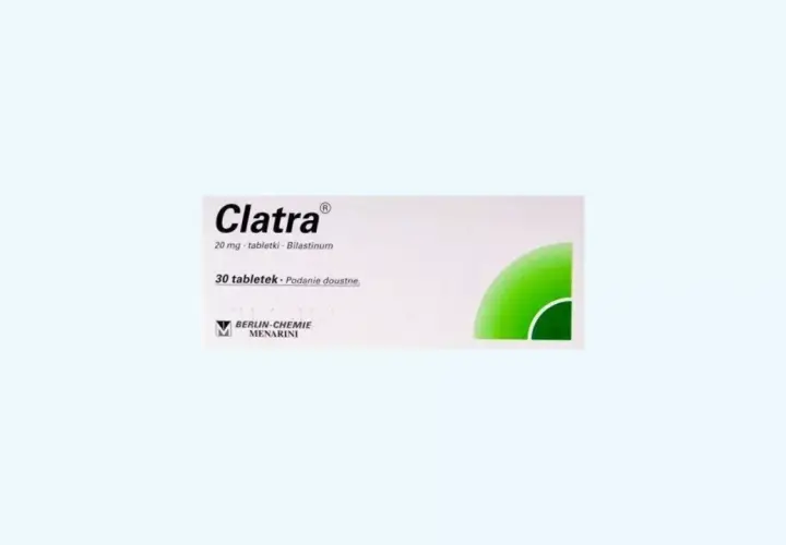 Opakowanie leku Clatra na alergię, zawierające 30 tabletek po 20 mg bilastyny.