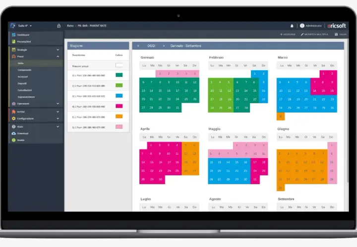Interfaccia di gestione hotel con calendario e prezzi. La **hotel tech** mostra la pianificazione delle tariffe per ogni mese.