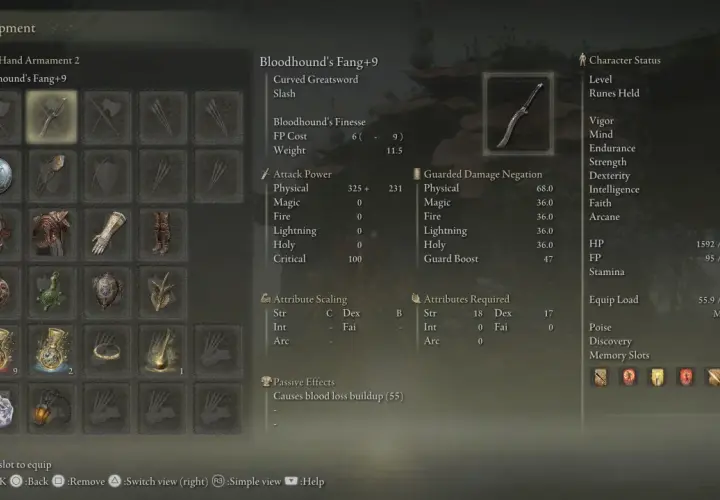 W ekwipunku Elden Ring, Bloodhound's Fang+9, zakrzywiony wielki miecz, gotowy do walki.