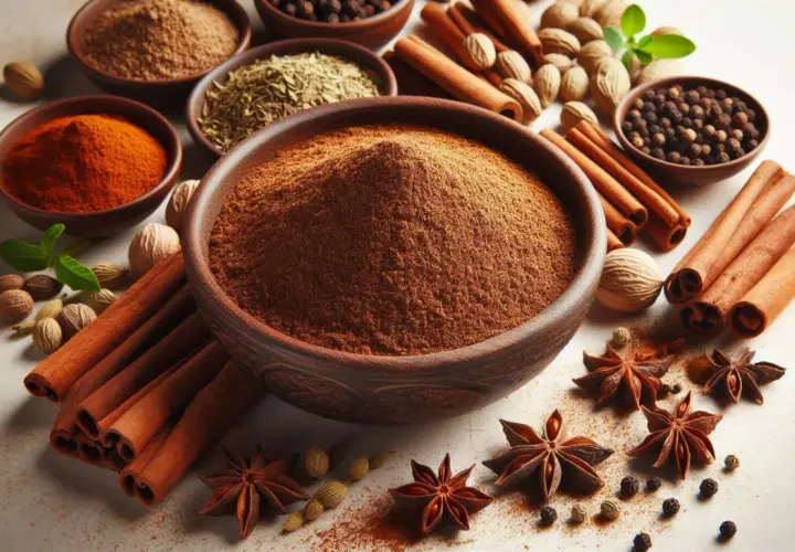 Mieszanka przypraw garam masala w misie, otoczona cynamonem, anyżem, pieprzem i gałką muszkatołową.